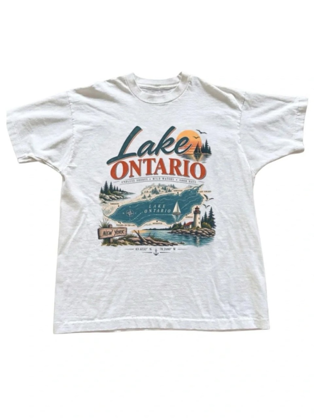 White Lake Ontario Graphic Tee with Multicolor Print